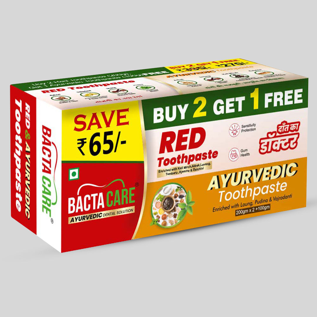 BACTACARE RED TOOTHPASTE COMBO PACK 200 GM X2 + BACTACARE AYURVEDIC TOOTHPASTE 100 GM