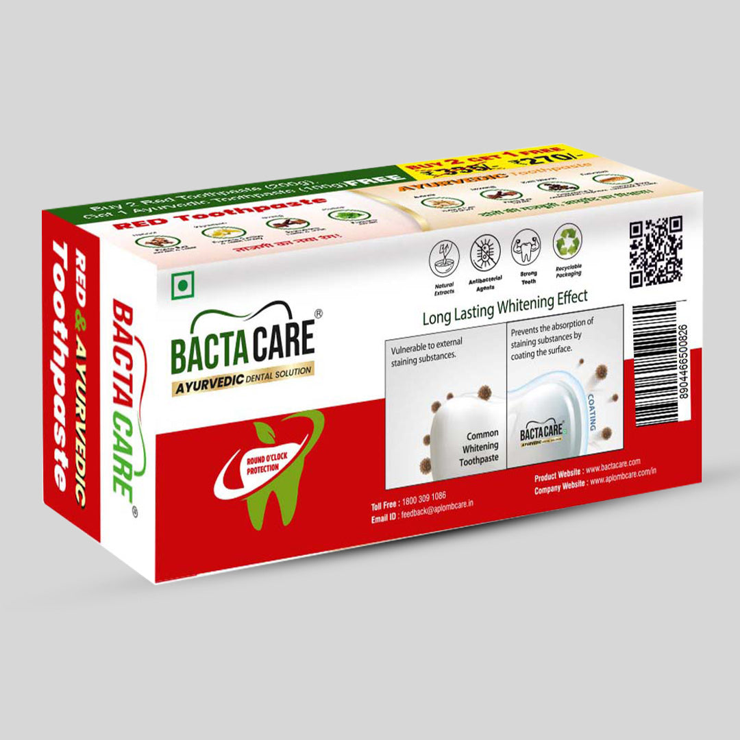 BACTACARE RED TOOTHPASTE COMBO PACK 200 GM X2 + BACTACARE AYURVEDIC TOOTHPASTE 100 GM